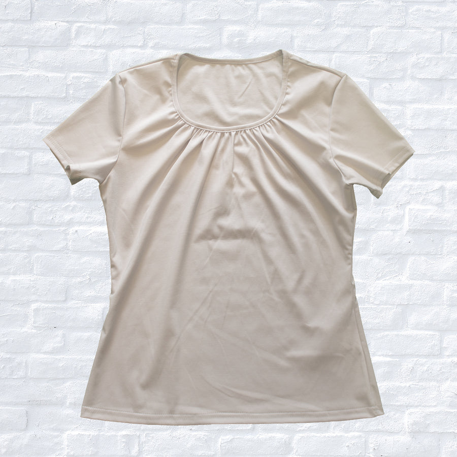 SY2203-TOP ギャザーネック半袖T-shirt Beige