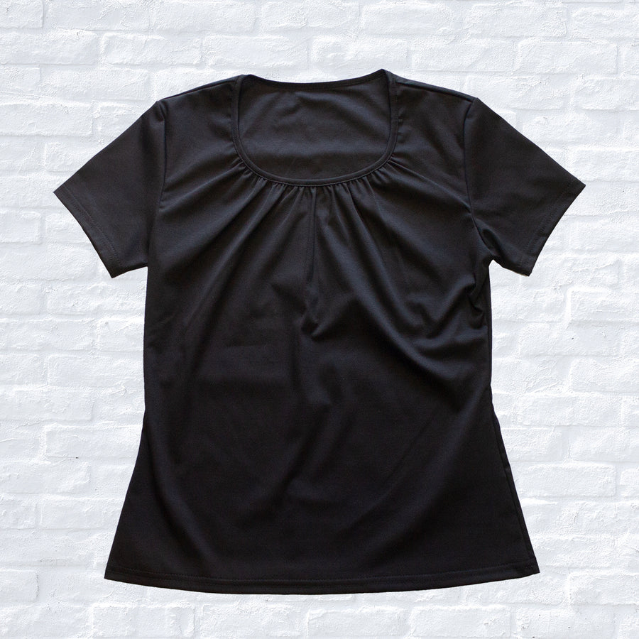 SY2203-TOP ギャザーネック半袖T-shirt Black
