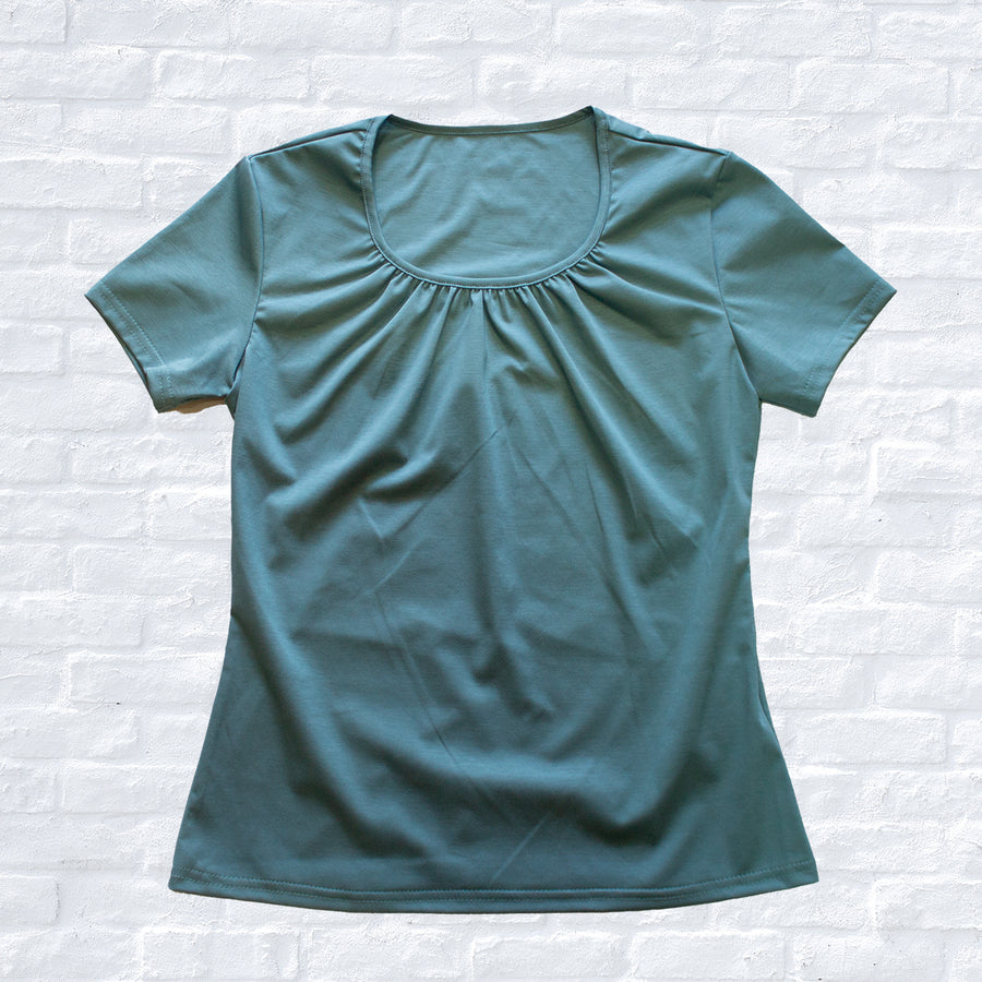 SY2203-TOP ギャザーネック半袖T-shirt Blue