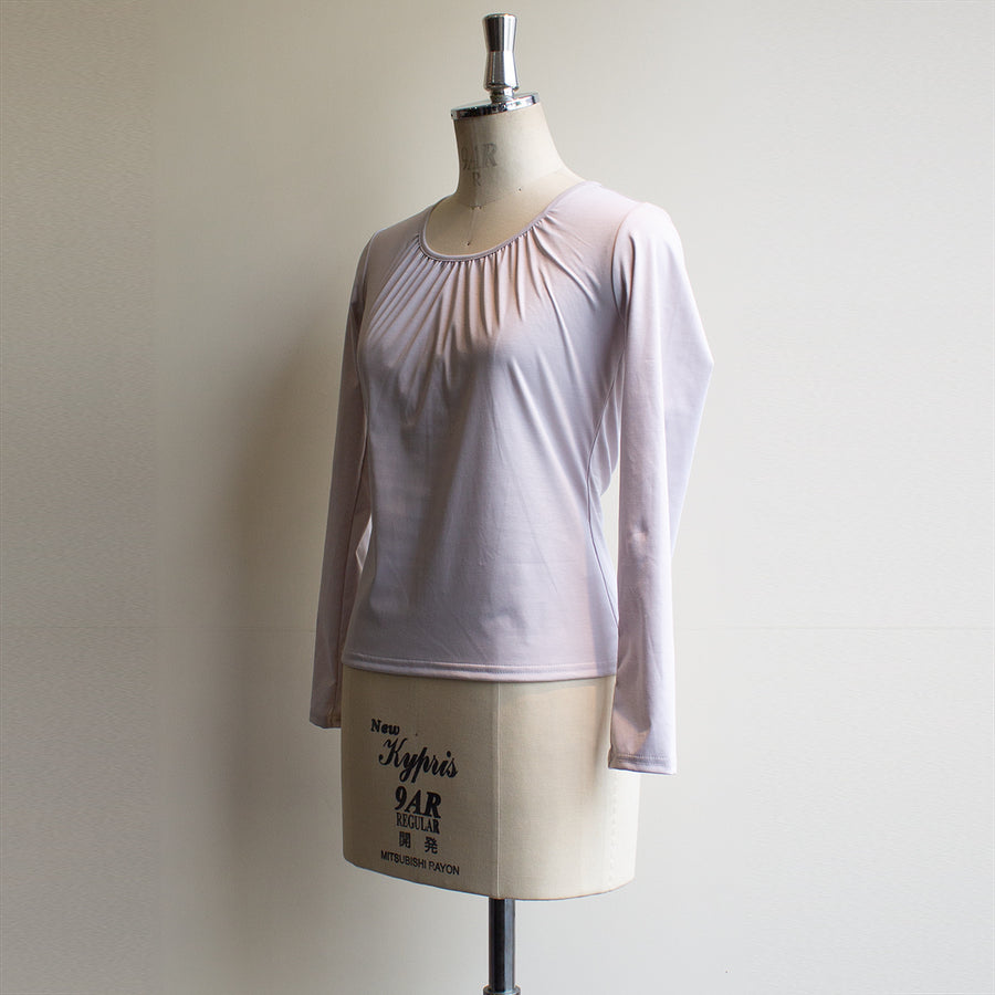 SY2204-TOP ギャザーネック長袖T-shirt Beige